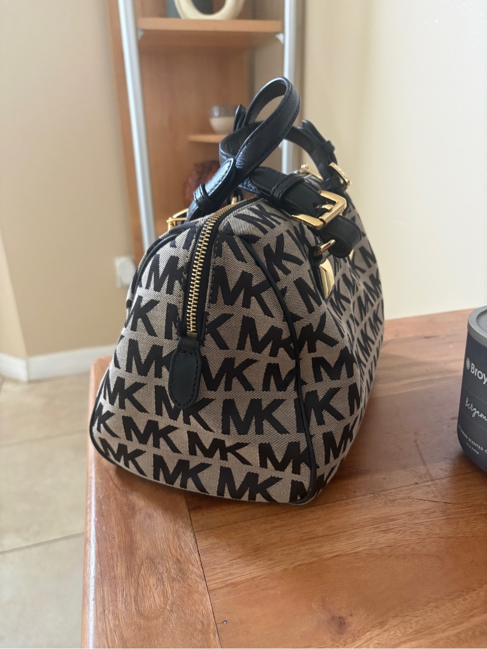 Michael Kors Beige Canvas MK Logo Satchel with Black Trim